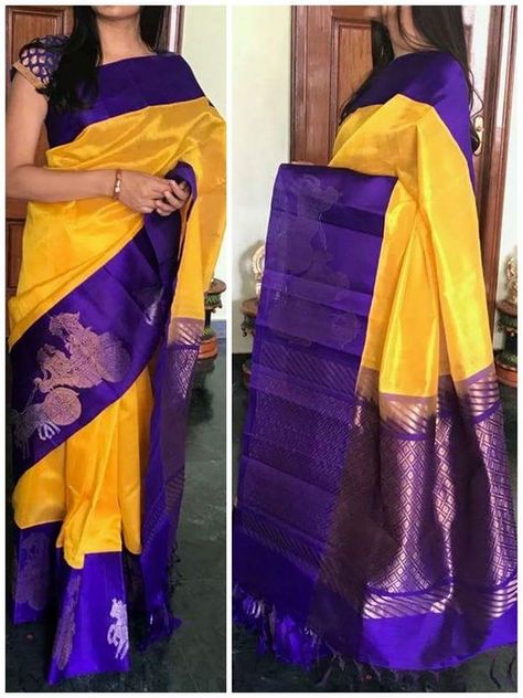 Yellow And Blue Kanchipuram Saree, Blue Kanchipuram Saree, Yellow Colour Saree, Yellow Sarees, Ikat Blouse Designs, Ikat Blouse, Uppada Sarees, Uppada Pattu Sarees, Kanjivaram Sarees Silk