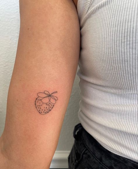 Strawberry Minimalist Tattoo, Fine Line Fruit Tattoo, Fruit Tattoo Small, Kawaii Tattoo Small, Small Fruit Tattoos, Strawberry Tattoo Small, Tattoos Kids Names, Matching Skeleton Tattoos, France Tattoo Ideas