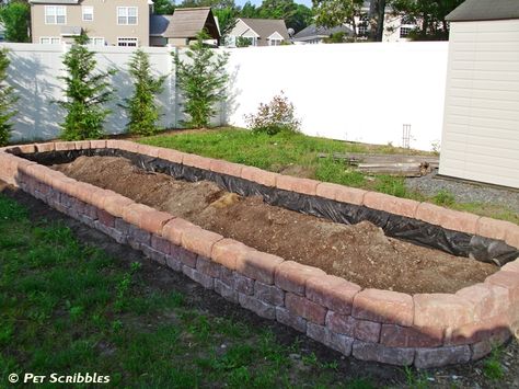 DIY Raised Garden Bed, after three levels of pavers are in place Brick Garden Bed, Brick Raised Garden Beds, Build A Raised Garden Bed, Rock Flower Beds, Diy Raised Garden Bed, Landscape Bricks, Brick Planter, Garden Pavers, Raised Garden Bed Plans