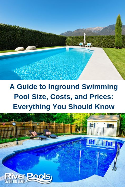 This guide tells you how much your inground pool may cost by size and what you can expect to get in different price ranges #swimmingpools #pools #fiberglasspools #home Basic Inground Pools, Inground Pools On A Budget, 12x24 Pool Inground, Simple Inground Pool, Underground Pool Ideas Backyards, 16x32 Inground Pool, Pool Sizes Inground, Nice Pools, Pool Budget