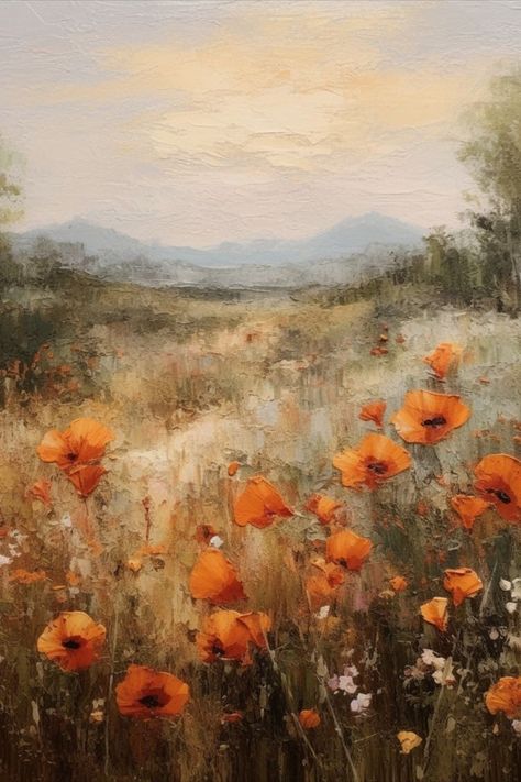 Field Oil Painting, Poppy Art, Poppy Painting, Orange Poppy, Landscape Art Painting, Farmhouse Art, Poppy Field, Red Poppy, Impressionist Art