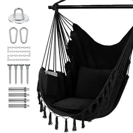 Features: -Enjoy a Comfortable Hammock Chair -Sturdy and Durable Hanging Chair -Oversize and Unique Design -Perfect for Indoor & Outdoor Use -Easy Assemble Specifications: Material: 65% cotton + 35% polyester, Steel Bar Color: Beige, Light Gray, Dark Gray, Black Weight: 7lbs Steel Bar Length: 39.3 in Chair Size: 51 x 40 inches Pillows Size: 17" x 17" Max Load: 265 lb The Set WithAccessories: 1x Tassel Hanging Chair 2x Pillows 1x Ceiling Mount 4x Expansion Screws 4x Self Tapping Screw 1x 59 in Ch Cheap Gothic Decor, Hanging Chair In Bedroom Black, Hanging Chair Black, Black Hanging Chair, Alternative Room Decor, Hanging Chair In Bedroom, Hanging Rope Chair, Room Swing, Rope Chair