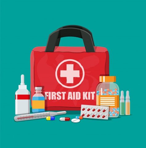 Medical first aid kit with pills and the... | Premium Vector #Freepik #vector #medical #box #health #science First Aid Kit Box, Supervisor Training, Life Support Machine, Car Fire Extinguisher, Medicine Kit, First Aid Course, Emergency First Aid, Security Training, Infographic Poster