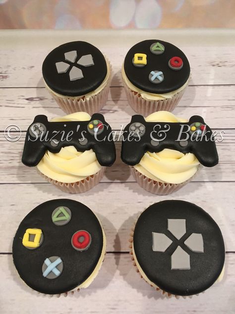 Playstation Cupcake Ideas, Gaming Cupcakes For Boys, Gaming Theme Cupcakes, Video Game Themed Cupcakes, Game Controller Pull Apart Cupcakes, Video Game Cupcakes, Game Controller Cupcake Cake, Mario Cupcakes, Cycling Cake