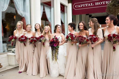 I like the idea of neutral bridesmaids dresses with vibrant burgundy bouquets Nude Bridesmaid Dresses, Women Standing, Maroon Wedding, Champagne Bridesmaid Dresses, Champagne Bridesmaid, Quince Ideas, Bridal Musings, Theme Color, Champagne Wedding