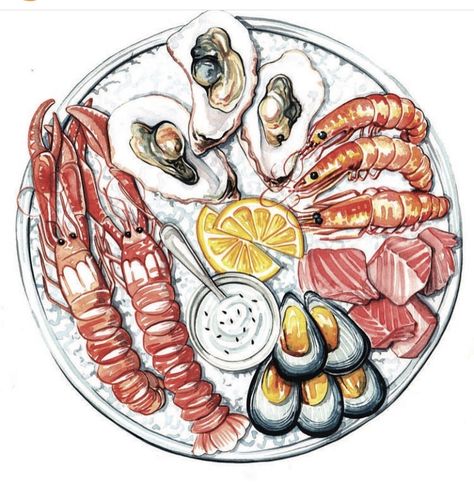 Seafood Painting, Still Life Illustration, Watercolour Food, Seafood Art, Food Portrait, Watercolor Food Illustration, Japanese Food Illustration, Live Drawing, Life Illustration