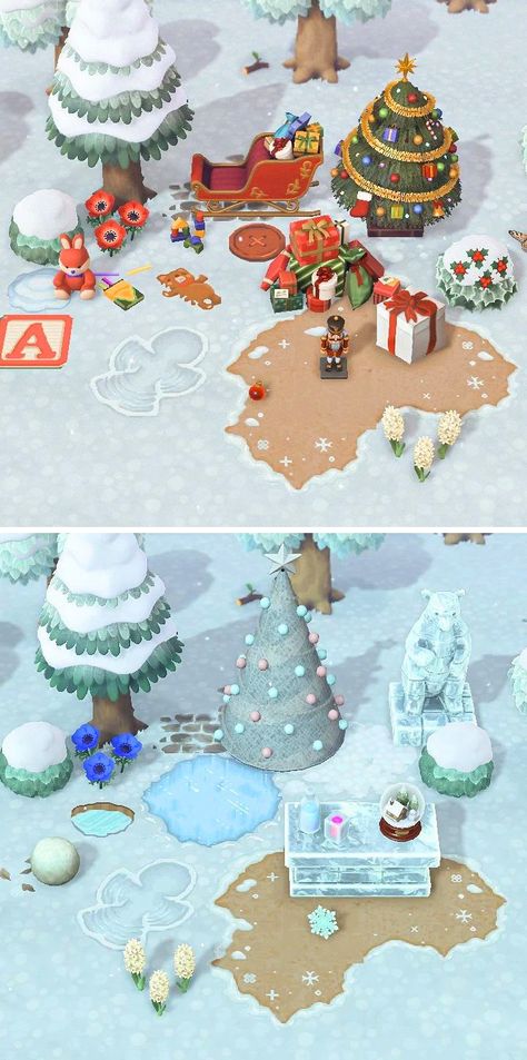 Acnh Winter Custom Designs, Christmas Island Acnh, Acnh Winter Ideas, Acnh Tree Farm, Animal Crossing Winter Island, Acnh Christmas Ideas, Acnh Christmas Island, Acnh Winter Island, Acnh Snow