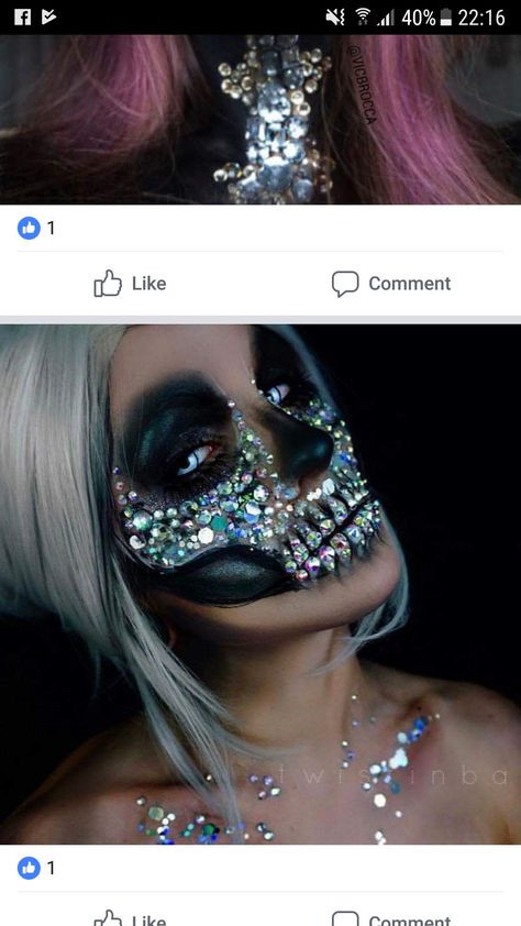 rhinestone diamond glitter scary dark skull Halloween makeup Skeleton Makeup Jewels, Bejeweled Halloween Makeup, Bedazzled Skull Makeup, Skull Gem Makeup, Diamond Skeleton Makeup, Skeleton Rhinestone Makeup, Mermaid Skull Makeup, Skeleton Queen Makeup, Skeleton Makeup With Rhinestones