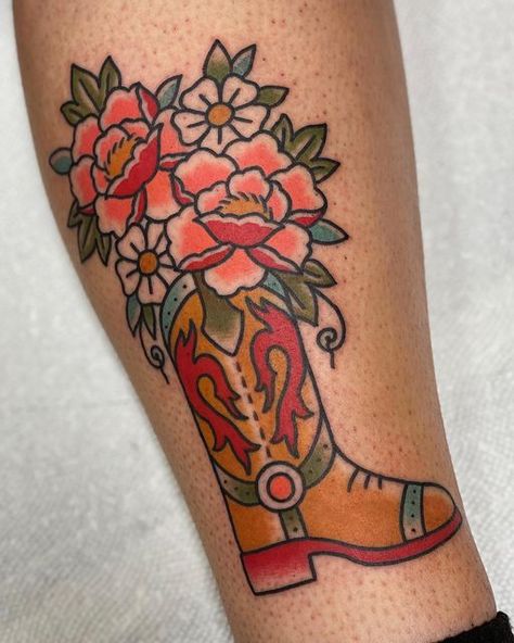 Traditional Boot Tattoo, Alabama Tattoos, Cowboy Boot Vase, Skin Doodles, Boot Tattoo, Cowboy Boot Tattoo, New Jersey Tattoo, Boot Vase, Americana Tattoo