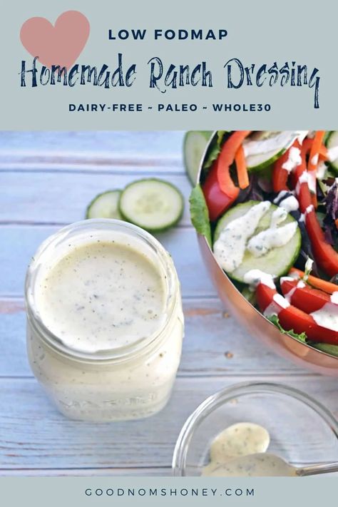 Low FODMAP ranch dressing recipe that tastes so good, you won't even miss store-bought salad dressing! It's also dairy-free, Paleo, and Whole30. #goodnomshoney #lowfodmap #ranchdressing #saladdressing #dairyfree #homemade #keto #lowcarb #paleo #whole30 #condiments Dairy Free Ranch Dressing, Fodmap Recipes Dinner, Ranch Dressing Recipe Homemade, Low Fodmap Diet Recipes, Fodmap Diet Recipes, Ranch Dressing Recipe, Homemade Ranch Dressing, Veggie Dip, Homemade Ranch