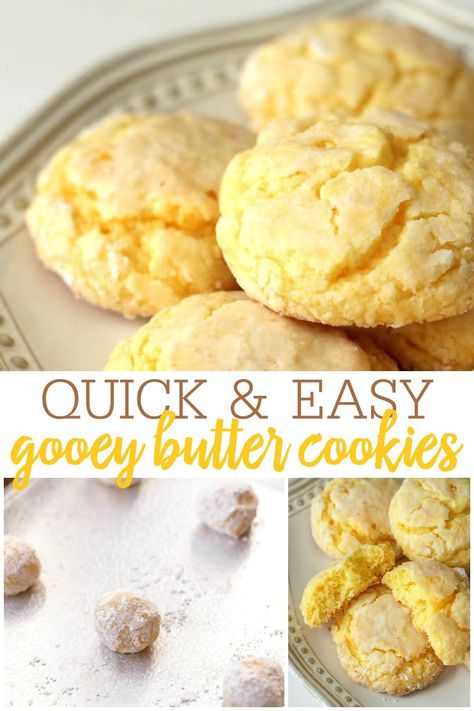 These Gooey Butter cookies are made with a yellow cake mix, butter, cream cheese, and a few additional ingredients. They are so gooey, chewy, and moist - it's impossible to resit them! #gooeybuttercookies #buttercookies #cookies #gooeycookies #cookierecipe Cake Cookies Mix Boxes, Cake Box Cookies Recipes, Cake Cookies Christmas, Easy Butter Cookie Recipe, Gooey Butter Cake Cookies, Gooey Butter Cookies Recipe, Cake Mix Cookies Recipes, Yellow Cake Mix Cookies, Ooey Gooey Butter Cookies