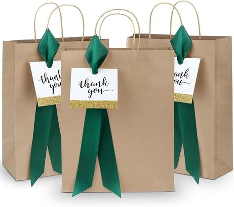 Amazon.com: Lesumoo 12 Pack Thank You Gift Bags with Dark Green Ribbons and Thank You Cards, 10x5x13 Medium Brown Gift Bags for Wedding Guests Bridal Shower Birthday Party : Health & Household Gift Bags For Wedding Guests, Small Thank You Gift, Birthday Presents For Friends, Thank You Bags, Green Paper, Presents For Friends, Green Gifts, Green Ribbon, Wedding Guests