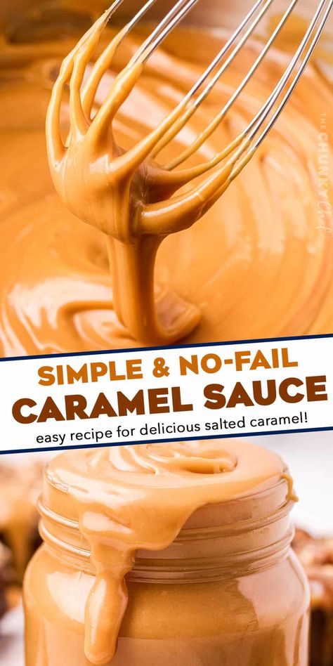 Rich and silky salted caramel sauce made easily on your stovetop! This simple recipe is perfect drizzled all over your favorite desserts, given away as gifts, or eaten by the spoonful! Homemade Syrups, Homemade Caramel Recipes, Salted Caramel Sauce Recipe, Sauce Ideas, Ice Cream Sauce, The Chunky Chef, Chunky Chef, Toffee Sauce, Caramel Recipes Sauce