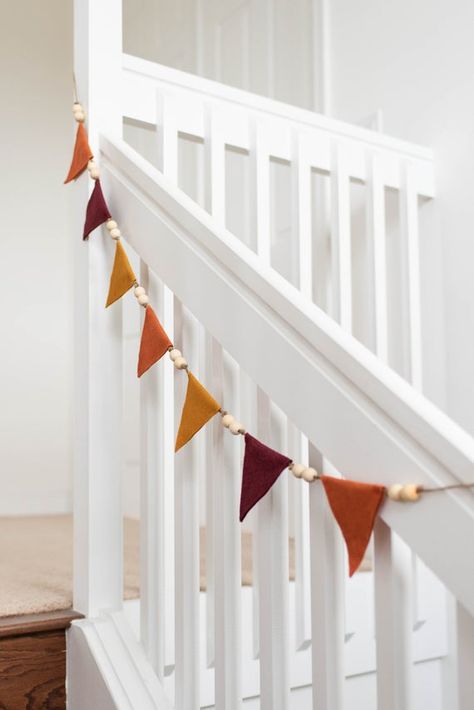 Colorful fall themed banner with goldenrod, burgundy, and pumpkin spice orange flags. Fun addition to your home this Thanksgiving, your baby's nursery, or just everyday! Includes two wooden beads between each flag on twine with looped ends. Approximately 5ft long. Flags measure 4x4.5". Fall Garland Diy, Pendant Banner, Lady Decluttered, Garland Ideas, Fall Banner, Diy Thanksgiving, Fall Garland, Fall Thanksgiving Decor, Corn Maze