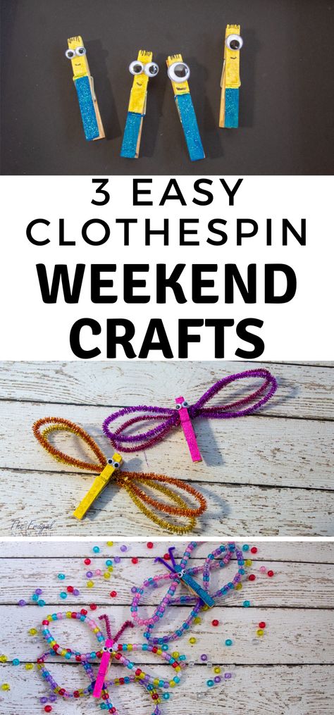 I LOVE these easy weekend clothespin crafts. They keep my kids busy and we get some super cute things to play with, out them!  #FrugalNavyWife #WeekendCrafts #KidsCrafts #clothespincrafts #kidsdiy | Kids Activity | Clothespin Crafts | Easy Weekend Crafts | Kids Craft Ideas | Minions Crafts | Butterfly Crafts | Dragonfly Crafts Close Pin Crafts, Crafts With Clothes Pins, Clothes Pin Crafts For Kids, Minions Crafts, Clothespin Crafts For Kids, Clothes Pin Activities, Decorated Clothes Pins, Kids Crafts To Sell, Dragonfly Crafts