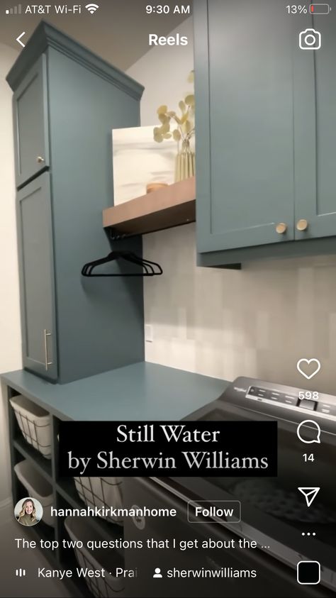 Still Water Paint Sherwin Williams, Still Water Sherwin Williams Cabinets, Still Water Sherwin Williams, Sherwin Williams Still Water, Laundry Room Cabinet Colors, Teal Cabinets, 1900 Farmhouse, Things Paint, Slate Kitchen