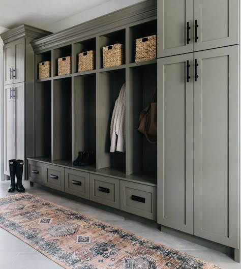 Cabinet color- Cocoon by Sherwin Williams Designer: Milly Jane Studio Cabin Mud Room, Garage Lockers, Pantry Laundry, Mudroom Ideas, Mud Rooms, Cape House, Laundry Mud Room, Front Entrances, Mud Room