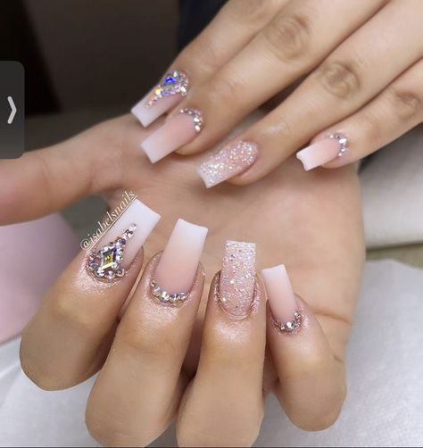 Medium Length Nail Ideas With Rhinestones, Short Acrylic Nails Square With Rhinestones, Short Nail Rhinestones, Bling Short Nails Rhinestones, Bling Medium Acrylic Nails, Rose Gold Rhinestone Nails, Short Nails Acrylic With Rhinestones, Rine Stone Nails Designs Short Nails, January Vacation Nails