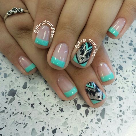 Mint french tip nails with a aztec design Mint French Tip Nails, Turquoise Nail Designs, Indian Nails, Aztec Nails, Mint Nails, Cute Nail Colors, Western Nails, Nail Tip Designs, Country Nails