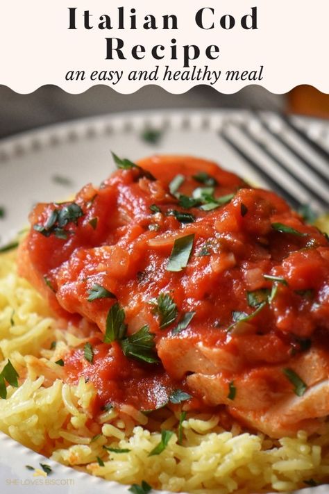 Italian cod fish on a bed of rice. White Fish With Tomatoes, Cod With Marinara Sauce, Fish With Marinara Sauce, White Fish In Tomato Sauce, Baked Cod With Cherry Tomatoes, Fish Italian Recipes, Cod With Tomato Sauce, Cod In Red Sauce, Cod In Tomato Sauce Recipe