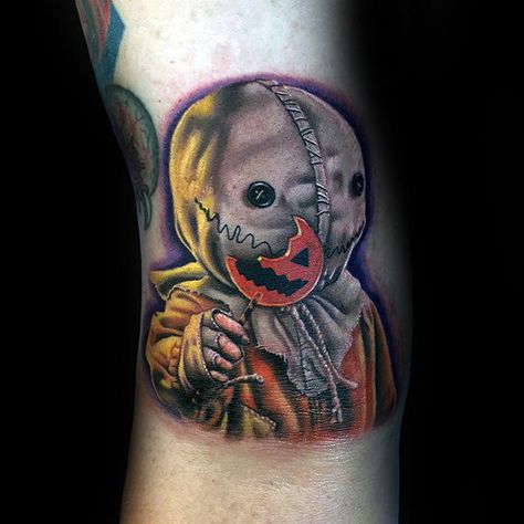 Sam Trick R Treat Tattoo, Trick Or Treat Tattoo, Trick R Treat Tattoo, Horror Movie Tattoos Ideas, Movie Character Tattoos, Fancy Tattoo, Horror Sleeve, Sam Tattoo, Tattoo Nightmares