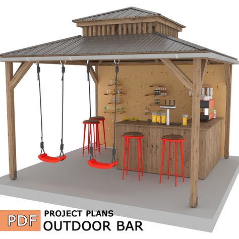 "Are you new to woodworking? If so, this project is perfect for you! The joints and cuts required are simple and beginner-friendly, and with step-by-step instructions, you can easily build a stunning outdoor bar without any fuss or worry. With these detailed DIY plans, you can make the most of your outdoor space and create a beautiful addition that will be the envy of your neighbors. Get ready to take your outdoor space to the next level with a brand new addition! These build plans, along with a 3D model, provide comprehensive DIY instructions to help you create an impressive and functional outdoor feature. Follow the steps carefully, and you'll be well on your way to building a fantastic addition to your backyard. External dimensions (approx.) Width - 3.8m(151.5\") Depth - 3.8m(151.5\") H Outdoor Restaurant Decor Ideas, Shed Bar Ideas Backyards, Outdoor Bar Design, Outdoor House Party, Bar Backyard, Bar En Plein Air, Bar Plans, Bar Outdoor, Build Plans