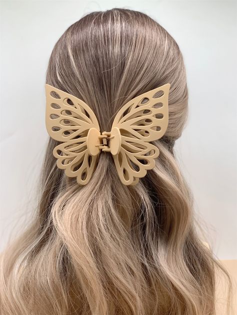 Khaki  Collar  Plastic  Large Hair Claw Embellished   Women Accessories Minimalist Hair Accessories, Butterfly Hair Claw, Half Ponytail, Hair Clasp, Butterfly Hair Clip, Hair Claws, Yellow Hair, Butterfly Hair, Elegant Hairstyles