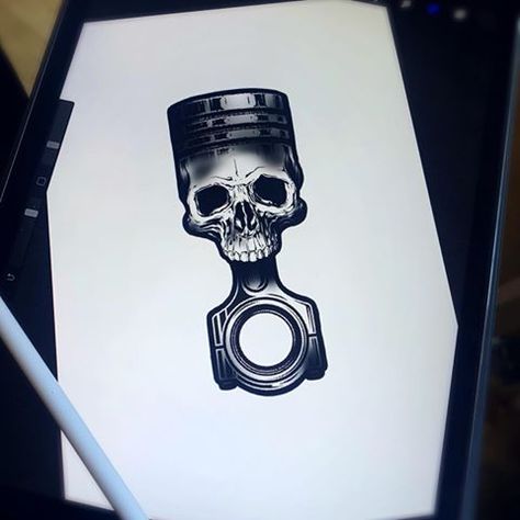 Tattoo For Car Guys, Engine Parts Tattoo, Skull Piston Tattoo, Mechanic Skull Tattoo, Piston Tattoo Ideas, Car Gear Tattoo, Car Mechanic Tattoo, Piston Tattoo Design, Mechanic Tattoo Ideas