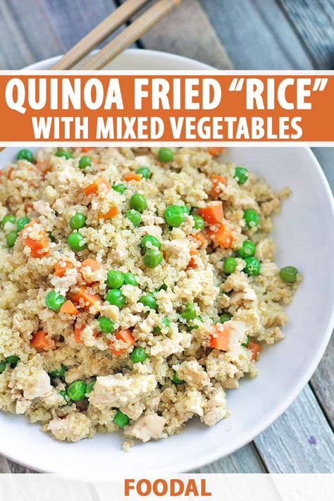 Great as a healthier side dish or as a vegan-friendly main dish with crumbled tofu, this quick quinoa fried "rice" with mixed vegetables comes together faster than waiting for takeout or delivery. All that’s standing between you and dinner is 25 minutes and six simple ingredients. Get the recipe now! #quinoa #foodal Mixed Vegetable Casserole, Crumbled Tofu, Roasted Vegetable Medley, Quinoa Fried Rice, Beef Lettuce Wraps, Asian Stir Fry, Course Ideas, Vegetable Medley, Vegetable Rice