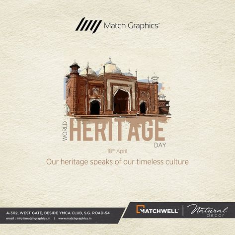 Our heritage speaks of our timeless culture World Heritage Day..! #MatchGraphics #matchwell #NaturalDecor #World #Heritage #Day World Heritage Day, Heritage Day, Navratri Wishes, Digital Advertising Design, Happy National Day, Social Media Branding Design, Logo Design Tutorial, Architecture Poster, Poster Design Inspiration