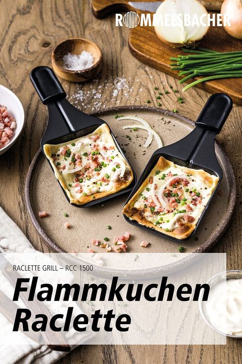 zwei Flammkuchen in Raclette Pfännchen Raclette Party, Raclette Grill, Grilling