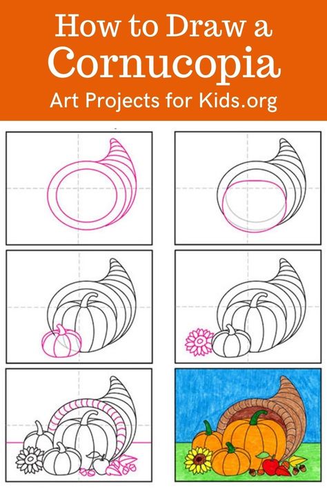 How To Draw A Cornucopia, Thanksgiving Doodles Easy Step By Step, Thanksgiving Drawings Easy Step By Step, Cornucopia Drawing Easy, Cornucopia Art Projects For Kids, Turkey Drawing For Kids, Cornucopia Drawing, Cornucopia Painting, Cornucopia Art