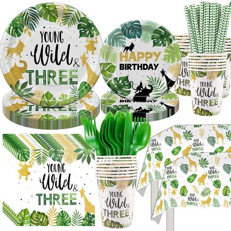 PRICES MAY VARY. [What You Get]: The safari 3rd birthday party supplies are a one-party tableware set, which includes 24x9" safari plates, 24x7" jungle plates, 24x safari cups, 24x safari napkins, 24x cutlery set, 24x safari straws, 2x jungle theme tablecloths, All parts can be found in the picture, You can DIY your jungle decorations party venue as you like [Young Wild And Three]: These safari theme party supplies are available in a variety of animal figures and wild jungle colors, which are ve Two Wild Birthday Party, Two Wild Birthday, Safari Party Decorations, Jungle Animals Party, Birthday Party Plates, Jungle Party Decorations, Wild Birthday Party, Jungle Theme Parties, Boy Birthday Decorations