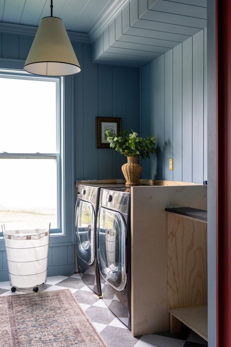 Tongue + Groove in our blue DIY laundry room renovation. Progress over perfection, and so close to the finish line! Diy Laundry Room, Laundry Room Update, Amber Lewis X Loloi, Cabinet Vanity, Tongue And Groove Ceiling, Peel And Stick Floor, Laundry Room Renovation, Amber Lewis, Vanity Box