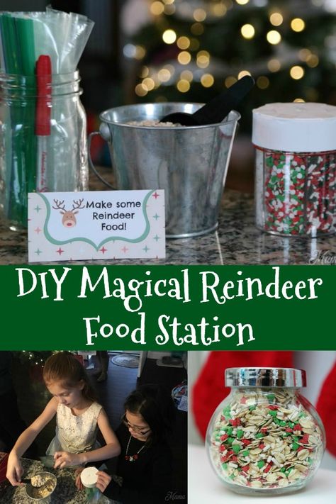 This easy Magical Reindeer Food Recipe is such a sweet and fun holiday activity to do with the kids. Before Christmas Eve, make up some reindeer food. Here's how to set this up as a DIY make and take activity that the kids can have fun with at your holiday dinner party! On Christmas Eve, sprinkle the food on the lawn for the reindeer! Get our free printable poems! #christmas #diy #santa #mamacheaps #printables Making Reindeer Food With Kids, Reindeer Food Recipe Kids How To Make, Reindeer Food Making Station, Reindeer Food Recipe Kids, Reindeer Food Printable Free, Reindeer Food Recipe, Reindeer Chow Recipe, Reindeer Food Poem, Reindeer Food Label