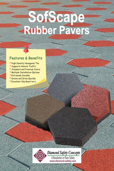 SofScape is a 9" diameter hexagonal rubber paver that is available in 1.5" or 2" thickness options. This is one of our most durable rubber paver products. Each 2" paver weighs about 4.5 pounds. The new 1.5" thick version weighs in at about 3.4 pounds per piece. Two pavers cover one square foot. SofScape Pavers are commonly used on decks, patios and walkways as well as as a playground surface and in equine facilities such as barns or stables. #Rubber Decking #Hexagonal Rubber Paver #Barn Flooring Rubber Pavers Ideas Patio, Paving Ideas Outdoor, Paving Slabs Ideas, Hexagon Outdoor Pavers, Paved Patio Garden Ideas, Recycled Rubber Pavers, Home Depot Paver Patio, Paver Patterns Lowe's, Modern Farmhouse Backyard