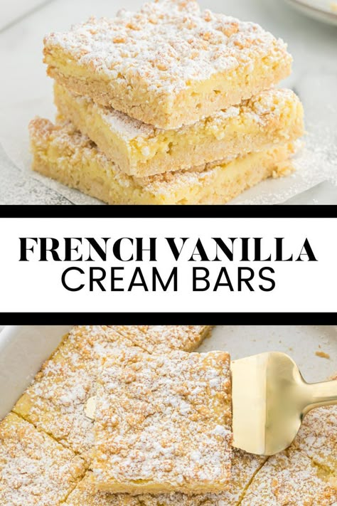 Two image collage of French Vanilla Cream Bars. First image shows a stack of bars on a plate. Second image shows a bar on a spatula. Vanilla Cake Mix Recipes, Cake Mix Bars, Cake Mix Cookie Bars, Recipes Using Cake Mix, Simply Stacie, French Vanilla Cake, Boxed Cake Mixes Recipes, Cream Cheese Bars, Bar Desserts