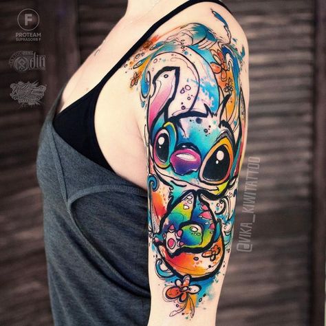 Johnny Tattoo, Disney Stitch Tattoo, Watercolor Tattoo Sleeve, Lilo And Stitch Tattoo, Disney Sleeve Tattoos, Tiki Tattoo, Stitch Tattoo, Bff Tattoos, Tatuaje A Color