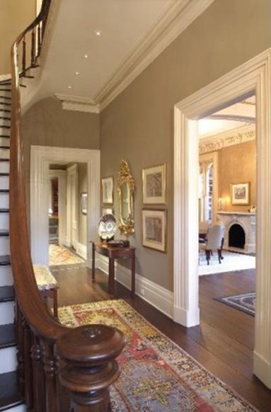 How to Add “Old House” Character & Charm to Your Newer Home {Step 5} | Beneath My Heart Victorian Curved Staircase, Brownstone Hallway, Foyer Decorating, Interior Painting, Character Home, Historic Home, Living Room Paint, Wainscoting, White Trim