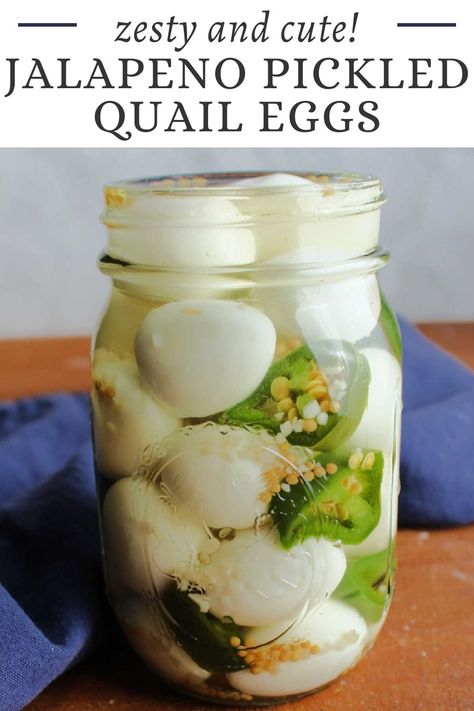 Jalapeno pickled quail eggs are the snack you didn't know you need. The cute little bites have just enough spice and plenty of protein, plus they are pretty simple to make. Jalapeño Pickled Quail Eggs, Pickle Quail Eggs Recipe, Pickles Quail Eggs, How To Pickle Quail Eggs, Jalapeño Pickled Eggs, Deviled Quail Eggs, Spicy Pickled Quail Eggs Recipe, Cajun Pickled Quail Eggs Recipe, Pickled Quail Eggs Recipe