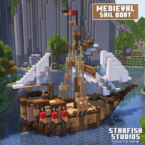 Medieval sail boat to cross the seven seas! Boat Design Minecraft, Minecraft Medieval Boat Dock, Sea Builds Minecraft, Minecraft Sailing Ship, Ship House Minecraft, Minecraft Boats Ships, Minecraft Sea Wall, Minecraft Boat Blueprints, Minecraft Ocean Castle