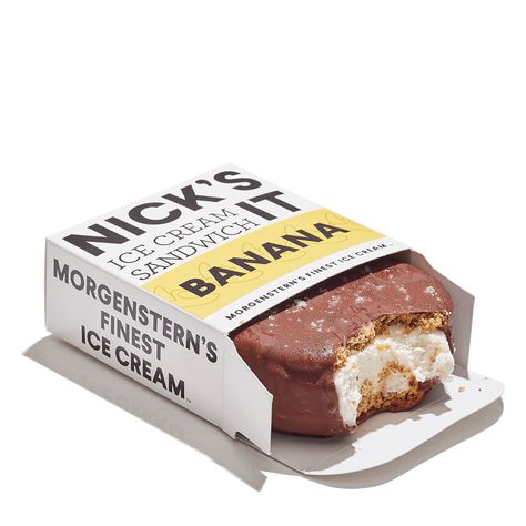 Nick's It Ice Cream Sandwiches — Morgenstern's | Morgenstern's Finest Hard Shell Chocolate, Banana Ice Cream Sandwich, Ice Cream Sandwich Bar, Ice Sandwich, Shell Chocolate, Sandwich Cream, Sandwich Packaging, Food Branding, Oatmeal Cookie