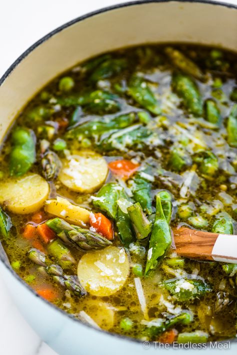 Spring Minestrone Soup, Soup With Asparagus, Spring Minestrone, Spring Soup Recipes, Spring Soups, Minestrone Soup Recipe, Mini Potatoes, Spring Recipe, Asparagus Soup