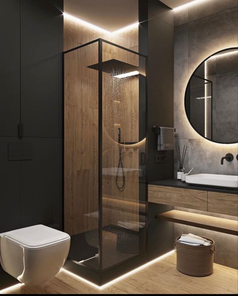 Tiny Modern Bathroom, Black And Wood Bathroom, Luxury Bathroom Ideas, Bathroom Concepts, Small Bathroom Wallpaper, Modern Luxury Bathroom, Small Bathroom Interior, Luxury Master Bathrooms, Bathroom Design Layout