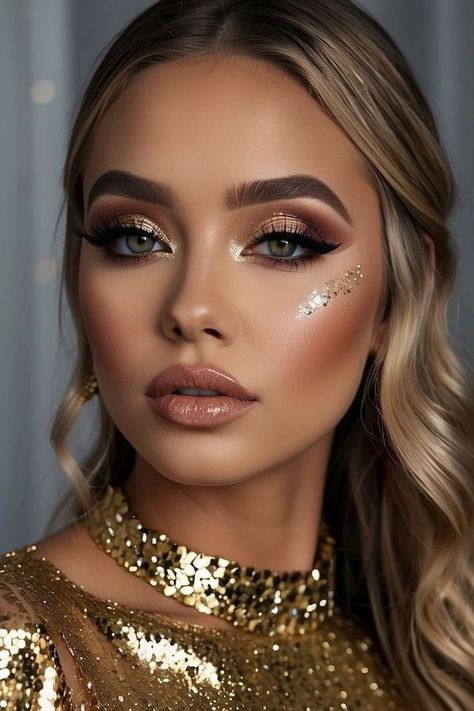 Glam Eye Makeup Glitter, Glittery Prom Makeup, Gold Glam Makeup Looks, Bold Glam Makeup, Gold Dress Makeup, Gold Glam Makeup, Trucco Smokey Eye, Prom Makeup Look, Masquerade Makeup