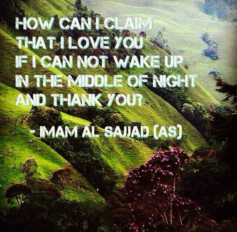 "How can I claim that I love you if I can not wake up in the middle of the night and thank you?" -Imam Ali al-Sajjad (AS) Imam Sajjad Quotes, Ghouse Azam Dastagir, Ahlulbayt Quotes, Muharram Poetry, Golden Quotes, Ya Ali, Imam Ali Quotes, Mola Ali, Night Prayer