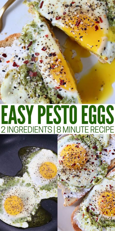 It's so easy to make flavorful Pesto Eggs in less than 10 minutes with this simple recipe! You only need two ingredients, pesto and eggs, then you can customize the dish any way you want. Keep it simple with just salt and pepper, or season it with everything bagel seasoning and serve it on toast! Make Pesto, Pesto Eggs, Everything Bagel Seasoning, Gluten Free Vegetarian Recipes, Over Easy Eggs, Bagel Seasoning, Easy Homemade Recipes, Mouthwatering Recipes, Dinner Appetizers