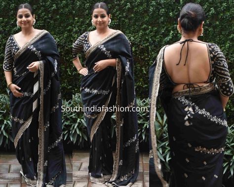 Vidya Balan attended the screening of her movie Mission Mangal wearing a black embroidered saree with matching backless blouse by Sue Mue. A pair of pearl earrings and bangle from Goenka India, smokey eyes and center parted bun rounded out her look! Parted Bun, Vidya Balan Saree, Her Movie, Wedding Saree Blouse, Backless Blouse Designs, Wedding Saree Blouse Designs, Vidya Balan, Embroidered Saree, Backless Blouse