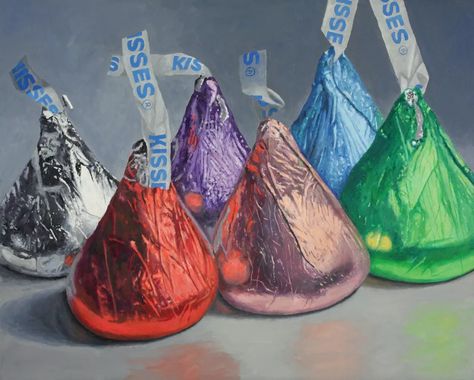 Douglas Newton | OIL | Rainbow Kisses Candy Still Life, Kisses Painting, Kiss Painting, Hershey's Kisses, Original Paintings For Sale, Painted Rainbow, Digital Art Beginner, Realistic Paintings, Realism Art