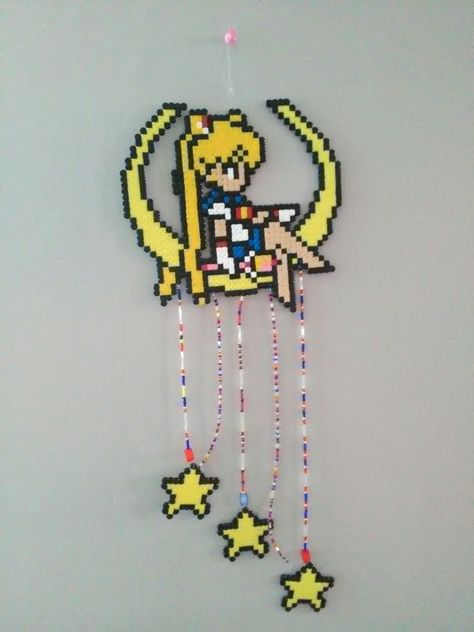 Sailor moon perler bead mobile/Dreamcatcher Diy Sailor Moon Decor, Fuse Bead Patterns Sailor Moon, Pearler Bead Wall Art, Perler Wall Decor, Anime Hama Beads Pattern, Perler Beads Wall Decor, Perler Wall Art, Cartoon Perler Beads, Sailor Moon Diy